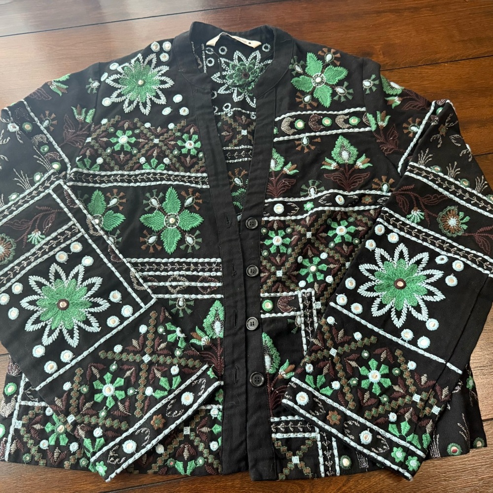 Zara Women’s Black Blazer with Green Embroidery Size XS